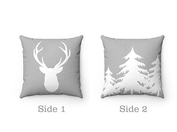 Mountain Cabin Decor, Rustic Home Decor, Gray Buck Deer Head Antlers Pillow Cover, Mountain Accent Pillows, Farmhouse Pillow Cover - PIL72