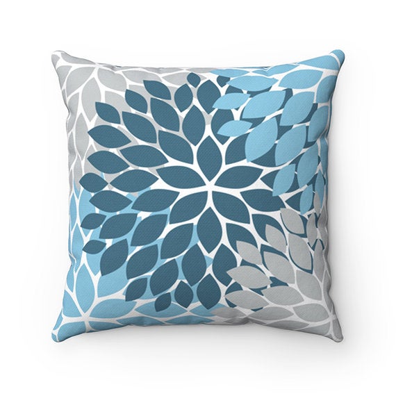 Blue, Teal & Gray Flower Burst Decorative Throw Pillow - PIL68