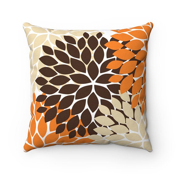 Orange and Brown Accent Pillow, Brown Orange Flower Pillow Cover, Couch Cushion, Brown Bedroom Decor, Floral Throw Pillow Cover - PIL61