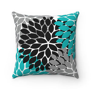 Throw Pillow Cover, Teal Black Gray, Flower Burst Pillow, Accent Pillow, Modern Home Decor, Aqua and Black Pillow Cover and Insert - PIL39