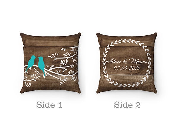 Rustic Pillow Cover, Love Birds Personalized Throw Pillow Cover, Monogram Accent Pillow, Farmhouse Decor Bedroom, Polyester Pillow - PIL31