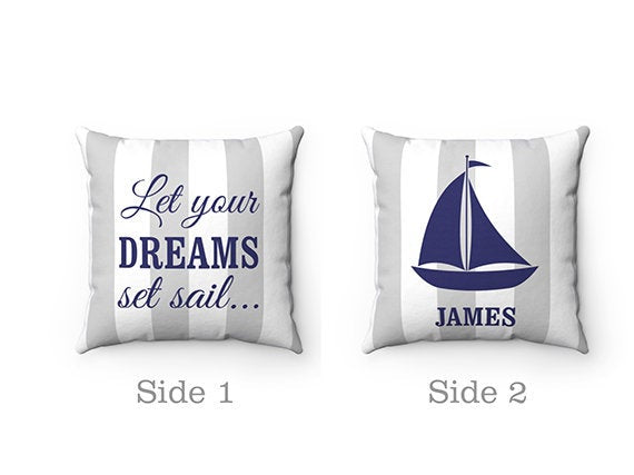 Let Your Dreams Set Sail, Nautical Nursery Throw Pillow Cover, Rocking Chair Pillow, Personalized Nursery Pillow, Gray Stripe - PIL28