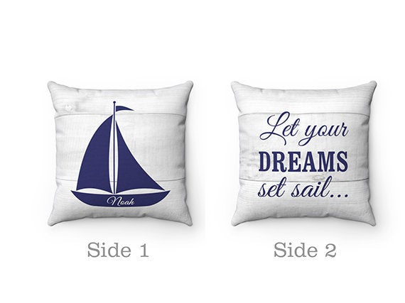 Nautical Nursery Throw Pillow Cover, Let Your Dreams Set Sail, Rocking Chair Pillow, Personalized Nursery Pillow, Boy Room Decor - PIL27