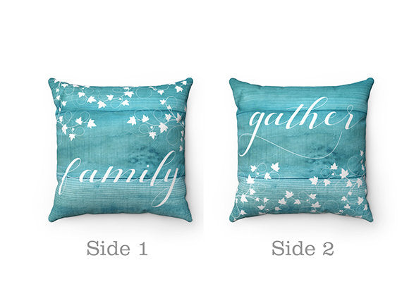 Throw Pillow Covers, Turquoise Accent Pillows with Words, Gather, Family, Couch Pillow Covers, New Home Gift, 18x18 Pillow Covers - PIL22