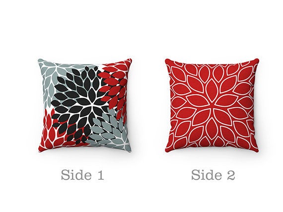 Throw Pillow Cover, Red Black Gray, Flower Burst Pillow Cover, Accent Pillow, Modern Home Decor, Red Gray Pillow Cover - PIL17