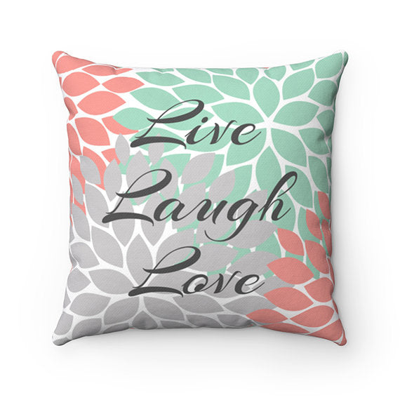 Coral Mint Pillow, Throw Pillow with Sayings Live Laugh Love, Living Room Decor, Accent Pillows, Flower Throw Pillow Cover - PIL11