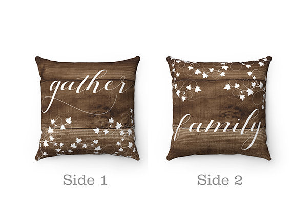 Throw Pillow Covers, Rustic Brown Accent Pillows with Words, Gather, Family, Couch Pillow Covers, New Home Gift, Home Decor Pillows - PIL9