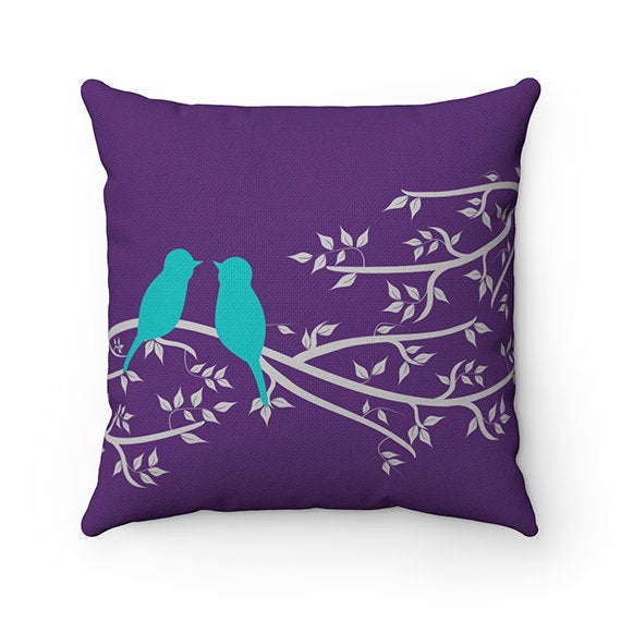 Purple and Teal Throw Pillow COVERS, Personalized Love Birds Accent Pillow Covers, Wedding Gift, Housewarming Gift, Purple Home Decor - PIL8
