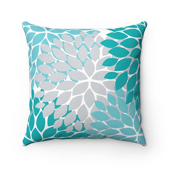 Decorative Throw Pillow  - Aqua & Gray Flower Burst "Live Laugh Love" - PIL2