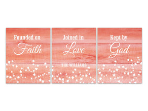 Coral Farmhouse Home Decor CANVAS, Founded on Faith, Joined in Love, Kept by God, Personalized Entryway Wall Art, Religious Gift - HOME490
