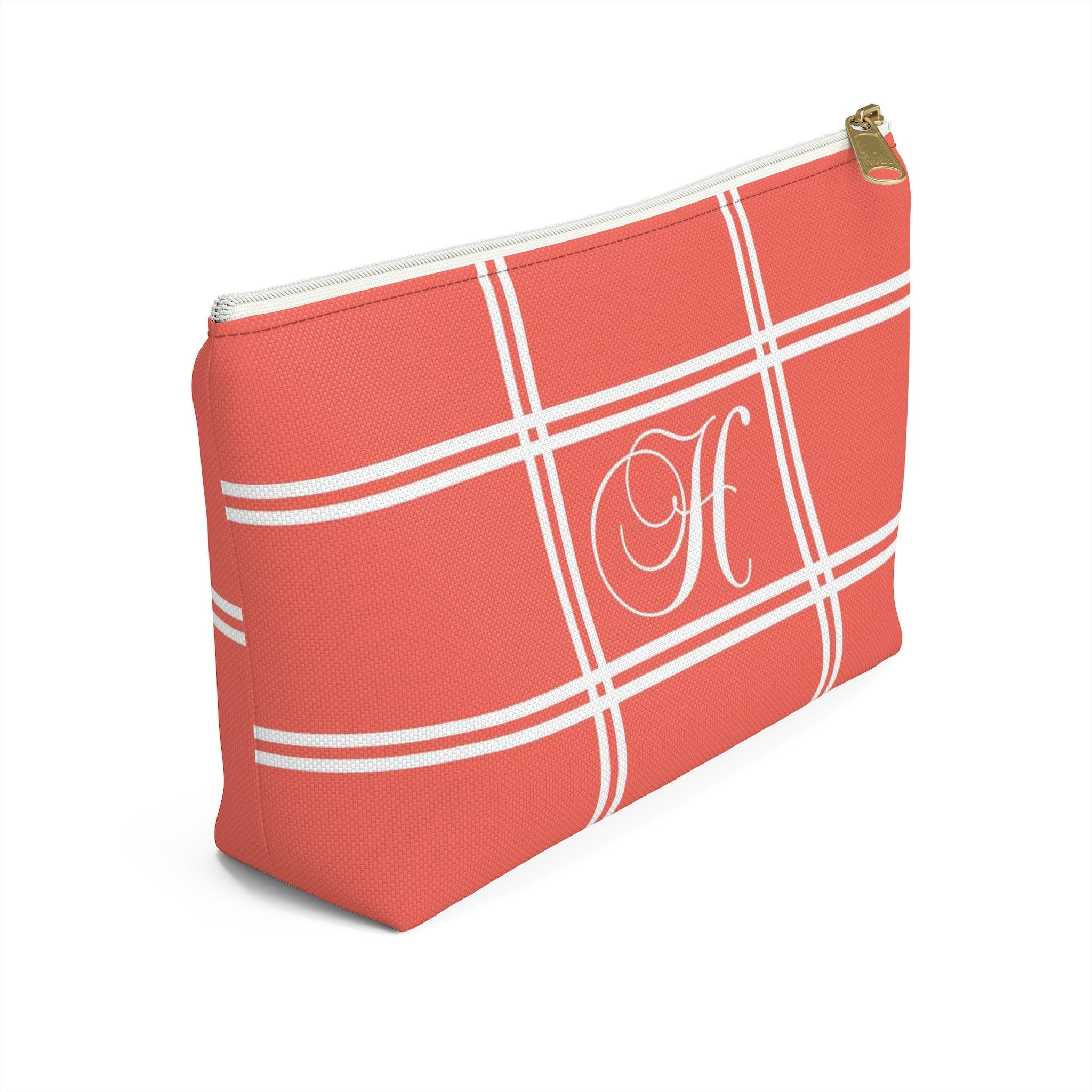 Monogram Makeup or Toiletry Bag - Coral & White Block Stripes - PH20