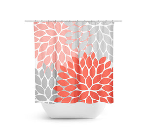 Coral & Gray Flower Burst Fabric Shower Curtain - SHOWER59