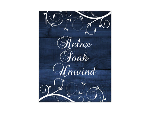 Scroll Bathroom Wall Art - Navy Wood Effect & White Decor "Relax Soak Unwind" - BATH313