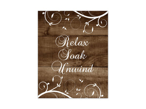 Scroll Bathroom Wall Art - Rustic Brown & White Decor "Relax Soak Unwind" - BATH315