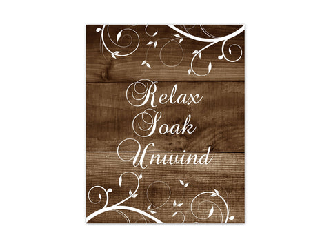 Scroll Bathroom Wall Art - Rustic Brown & White Decor "Relax Soak Unwind" - BATH315