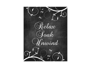 Scroll Bathroom Wall Art - Chalkboard Effect & White Decor "Relax Soak Unwind" - BATH316