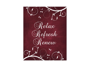 Scroll Bathroom Wall Art - Burgundy & White Decor "Relax Refresh Renew" - BATH317