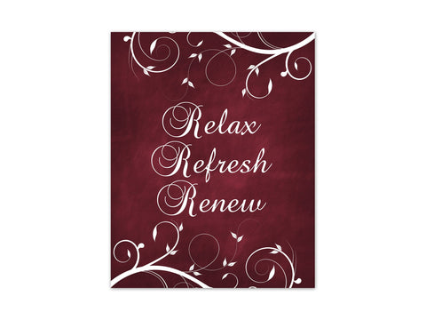 Scroll Bathroom Wall Art - Burgundy & White Decor "Relax Refresh Renew" - BATH317