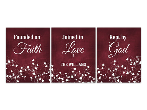 Burgundy Home Decor CANVAS or PRINTS, Founded on Faith, Joined in Love, Kept by God, Entryway Wall Art, Religious Gift, Ivy Art - HOME494