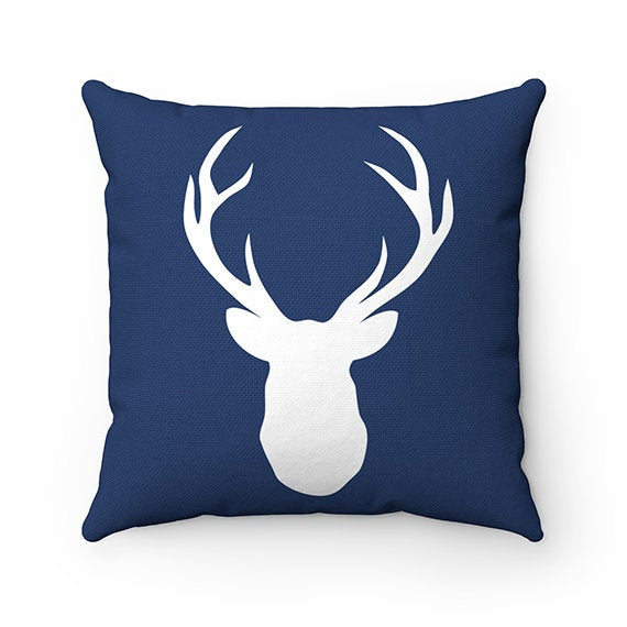 Woodland Home Decor, Blue Buck Deer Head Antlers Pillow Cover, Mountain Cabin Decor, Mountain Accent Pillows, Blue Pillow Cover - PIL113