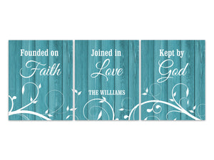Founded on Faith, Joined in Love, Kept by God, Religious Gift , Teal Farmhouse Home Decor CANVAS, Personalized Entryway Wall Art - HOME497