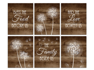 Rustic Brown Dandelion Kitchen 6pc Art - "Bless The Food Before Us, The Family Beside Us" - HOME502