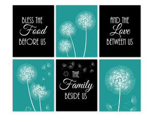 Black & Teal Dandelion Kitchen 6pc Art - "Bless The Food Before Us, The Family Beside Us" - HOME503
