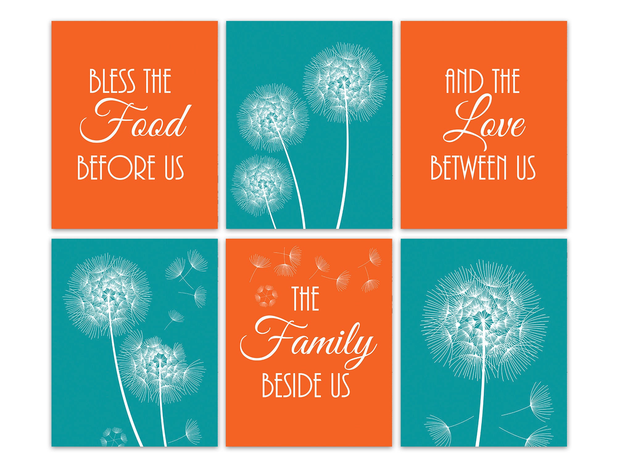 Orange & Teal Dandelion Kitchen 6pc Art - "Bless The Food Before Us, The Family Beside Us" - HOME504