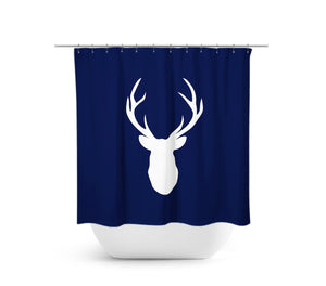 Blue & White Deer Head Antler Fabric Shower Curtain -SHOWER86
