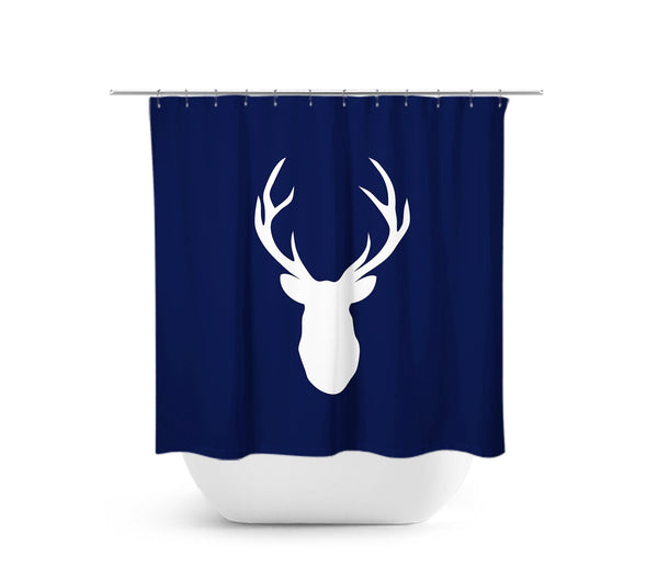 Blue & White Deer Head Antler Fabric Shower Curtain -SHOWER86