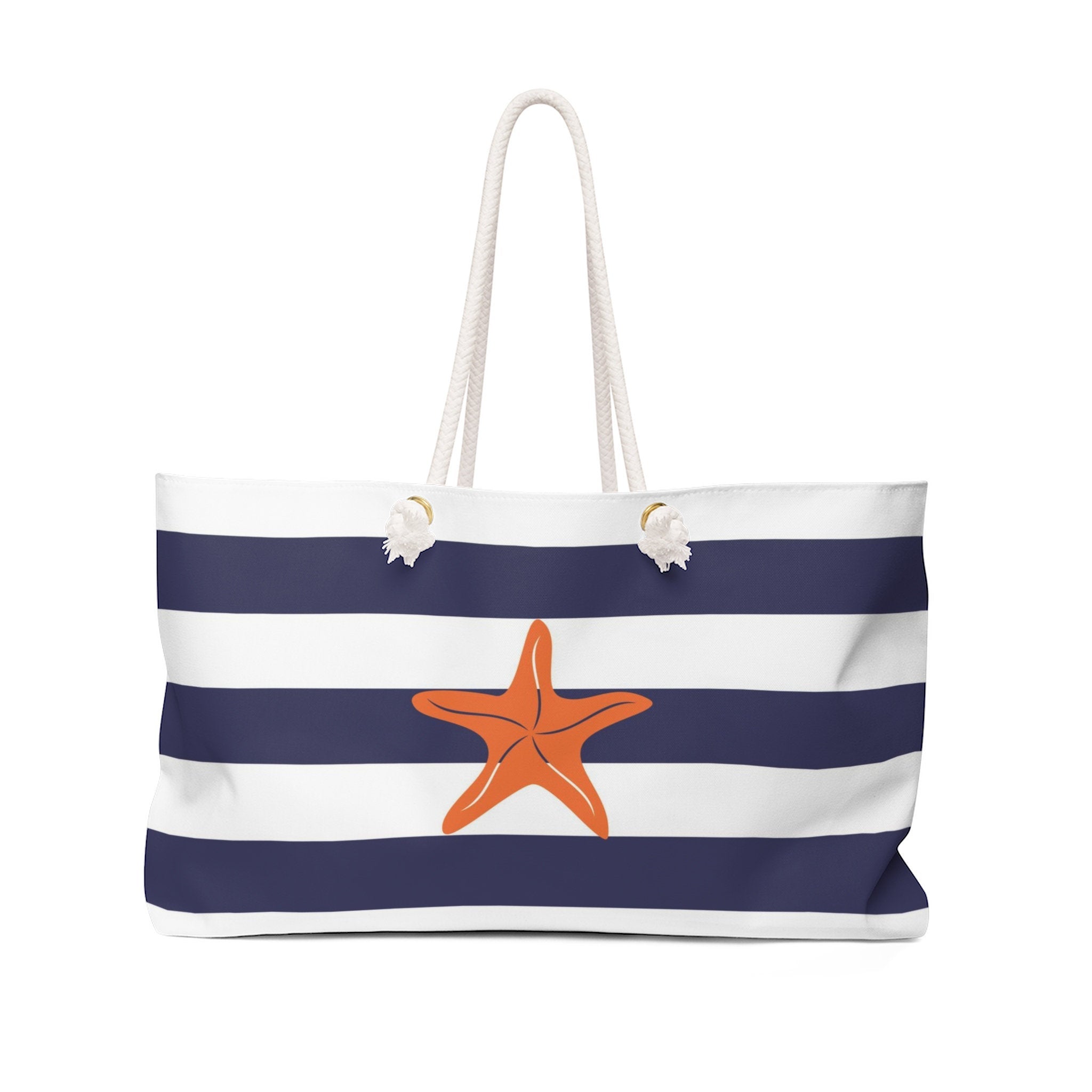 Oversized Tote Bag with Rope Handles - Blue Stripe & Orange Starfish - WKROPE3
