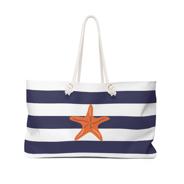 Oversized Tote Bag with Rope Handles - Blue Stripe & Orange Starfish - WKROPE3
