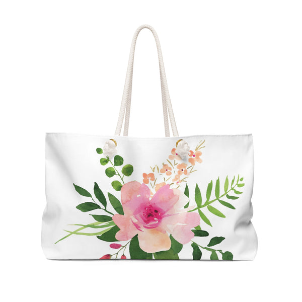 White Pink Green Floral Weekend Bag, Personalized Tote, Bridesmaid Gifts, Custom Oversized Bag, Overnight Bag, Rope Handle Tote - WKROPE11