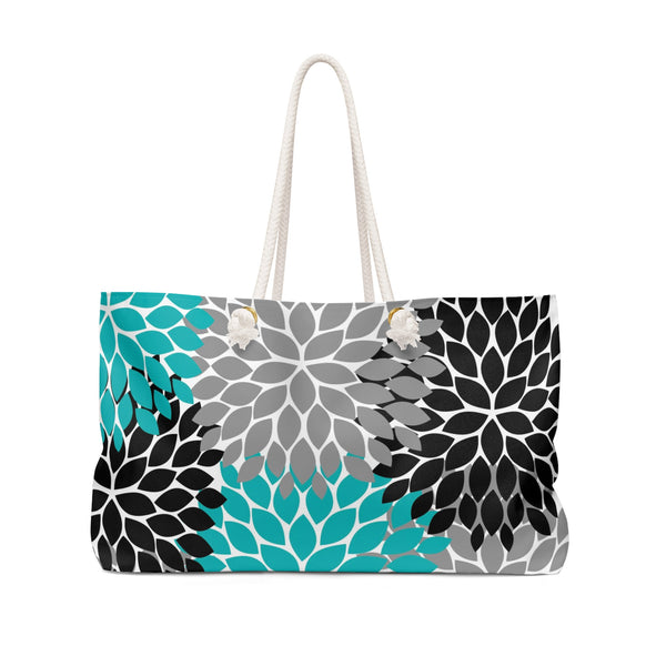 Personalized Oversized Bag, Teal Black Gray Floral Weekender Tote Bag, Monogram Bag, Beach Bag, Overnight Bag, Rope Handle Tote - WKROPE15