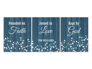 Founded on Faith, Joined in Love, Kept by God, Farmhouse Decor, Blue Home Decor, Personalized Entryway Wall Art, Religious Gift - HOME488