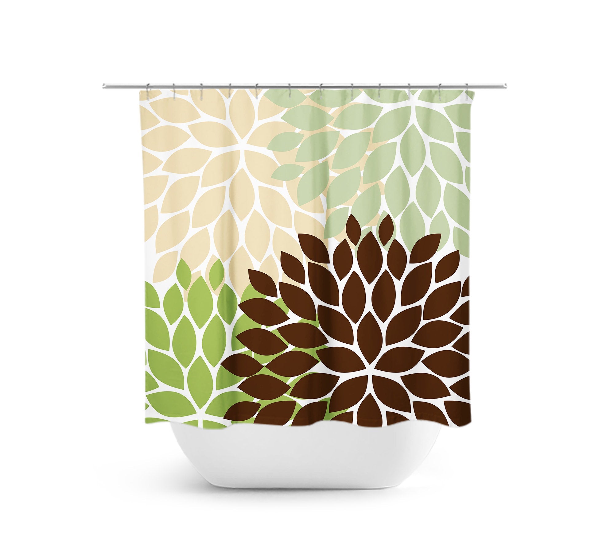 Brown, Green & Tan Flower Burst Fabric Shower Curtain - SHOWER61