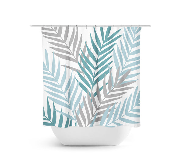 Teal & Gray Tropical Palm Tree Leaves Fabric Shower Curtain - SHOWER64