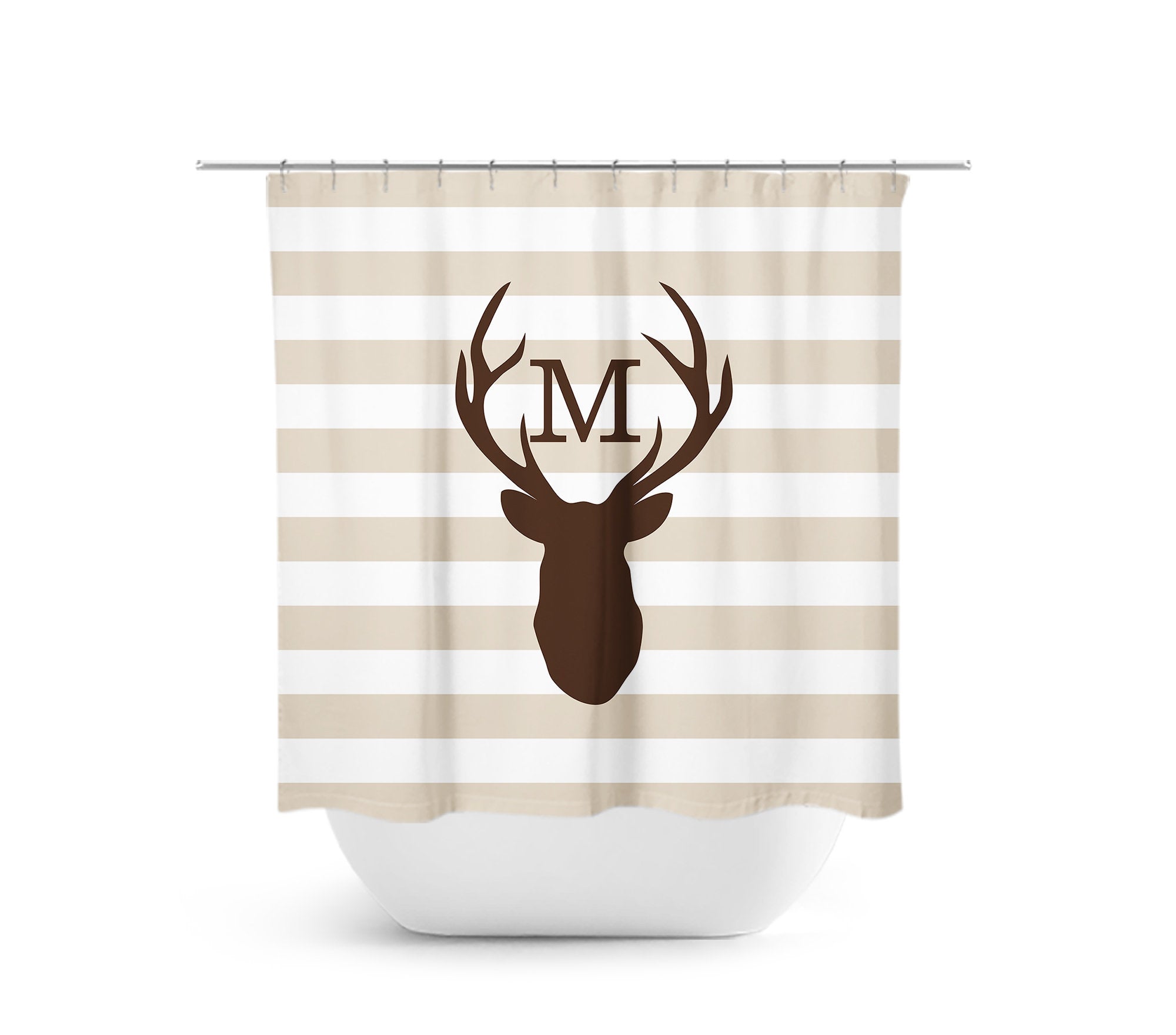 Tan Stripe & Brown Monogram Deer Antler Fabric Shower Curtain - SHOWER68