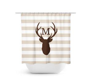 Tan Stripe & Brown Monogram Deer Antler Fabric Shower Curtain - SHOWER68