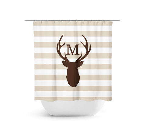 Tan Stripe & Brown Monogram Deer Antler Fabric Shower Curtain - SHOWER68
