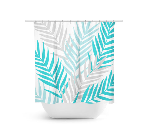 Aqua & Gray Tropical Palm Tree Leaves Fabric Shower Curtain - SHOWER71