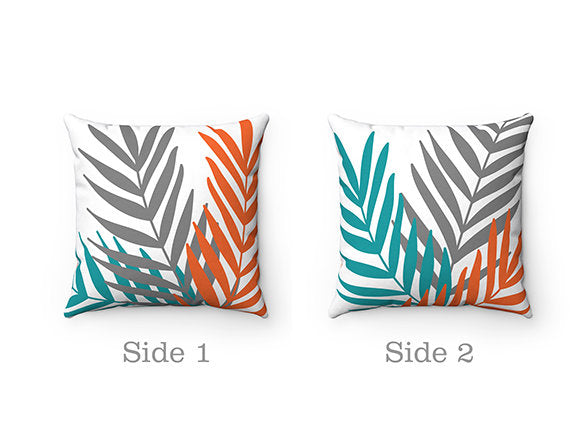 Throw Pillow, Teal Orange Gray, Palm Leaves Pillow Cover, Accent Pillow, Tropical Home Decor, Aqua and Orange Pillow, Teal Pillow - PIL111
