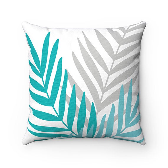 Aqua Throw Pillow Cover, Palm Leaves Pillow Cover, Accent Pillow, Tropical Home Decor, Aqua and Gray Pillow Cover, Aqua Teal Pillow - PIL110