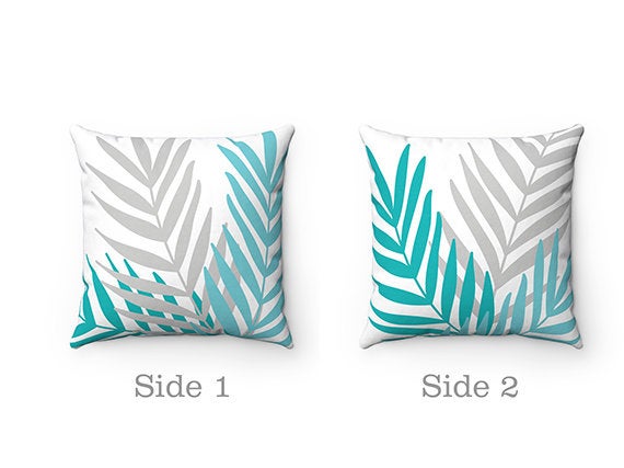 Aqua Throw Pillow Cover, Palm Leaves Pillow Cover, Accent Pillow, Tropical Home Decor, Aqua and Gray Pillow Cover, Aqua Teal Pillow - PIL110