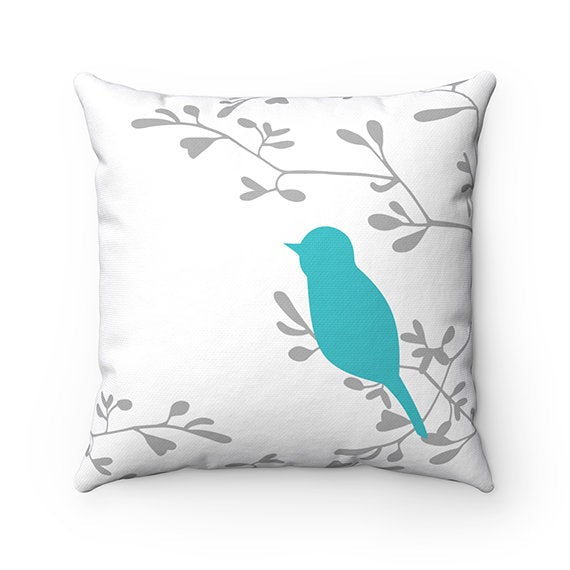 Aqua Throw Pillow Cover, Love Birds Pillow Cover, Birds and Branches Accent Pillow, Aqua Gray Bedroom Decor, Modern Home Decor - PIL107