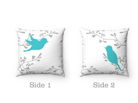 Aqua Throw Pillow Cover, Love Birds Pillow Cover, Birds and Branches Accent Pillow, Aqua Gray Bedroom Decor, Modern Home Decor - PIL107