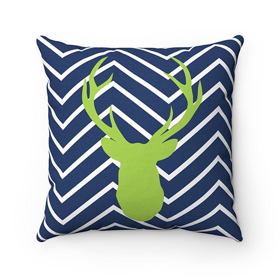 Blue Green Woodland Decor, Deer Head Antlers Pillow Cover, Boys Room Decor, Woodland Nursery Pillows, Blue Chevron Pillow Cover - PIL101
