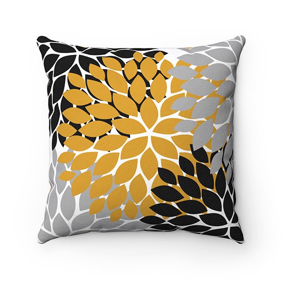 Yellow and Black Pillow Covers, Flower Burst Pillow Cover, Mustard Throw Pillow Cover, Nursery Pillow, Yellow Home Decor, 18x18 - PIL90