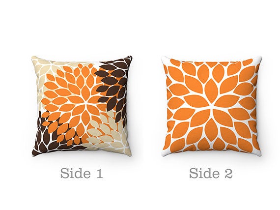 Floral Throw Pillow Cover, Orange and Brown Accent Pillow, Brown Orange Flower Pillow Cover, Couch Cushion, Brown Bedroom Decor - PIL86