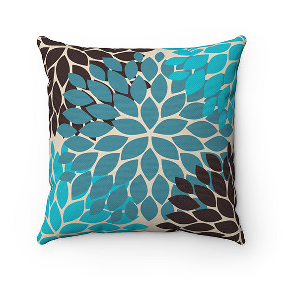 Throw Pillow Cover, Blue Teal Brown, Flower Burst Pillow Cover, Accent Pillow, Modern Home Decor, Blue and Brown Pillow Cover - PIL80